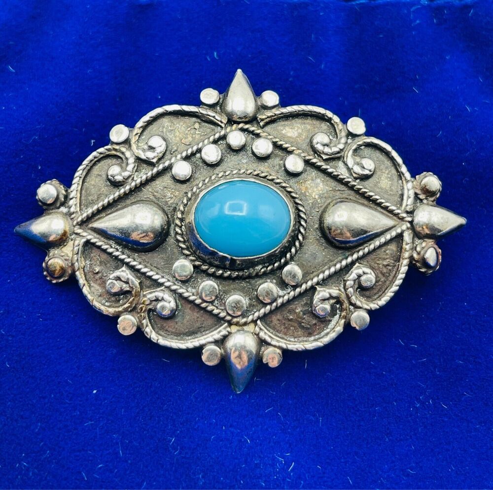 Sterling Silver Turquoise Glass Cabochon Brooch 925 Skiathitis Greece Signed Pin